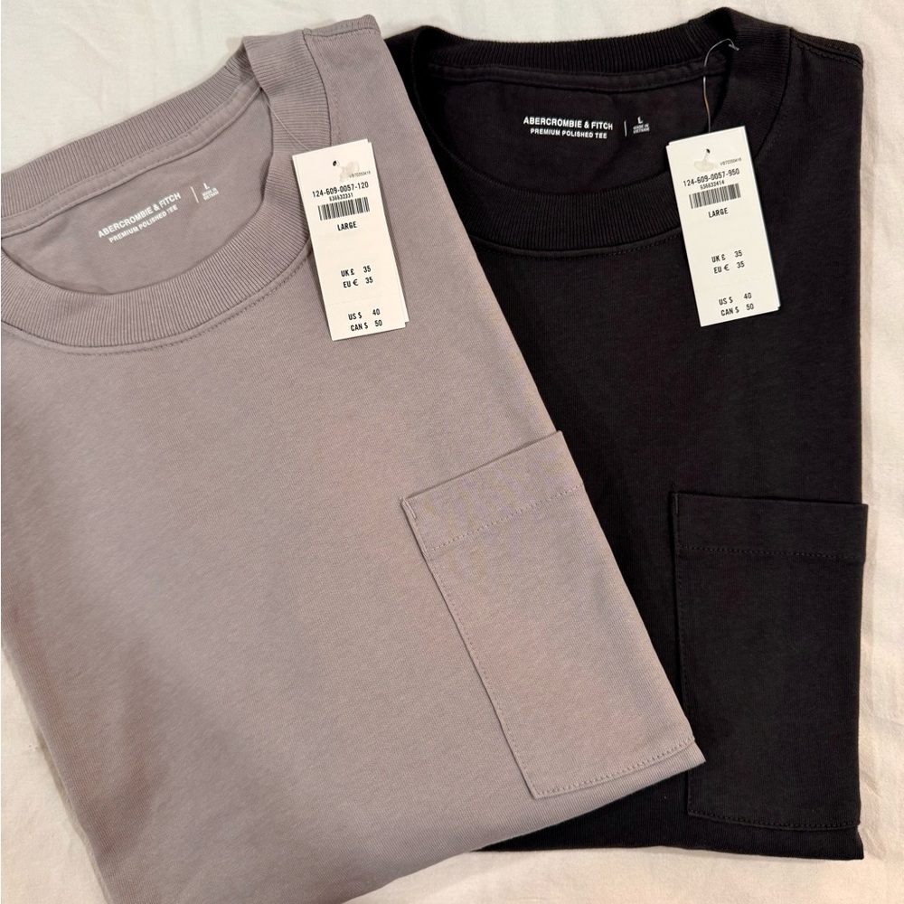 Lot of 2 Abercrombie&Fitch Men's Premium Polished Tees Dark Grey and Beige Large